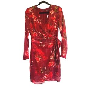 Guess Faux wrap Dress size 2 Camilla Floral garnet wine Metallic thread